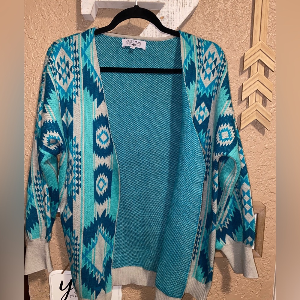 Crazy Train Women’s Gray Aqua Aztec Cardigan Sweater Size Small EUC